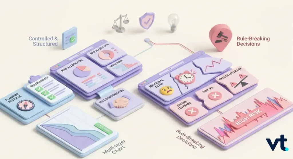 VT Markets Isometric infographic of a risk management workflow with stacked cards labeled Planning Protocol Checklist Risk Allocation and Rule Breaking Decisions connected by a purple pathway and icons like a scale shield and clock