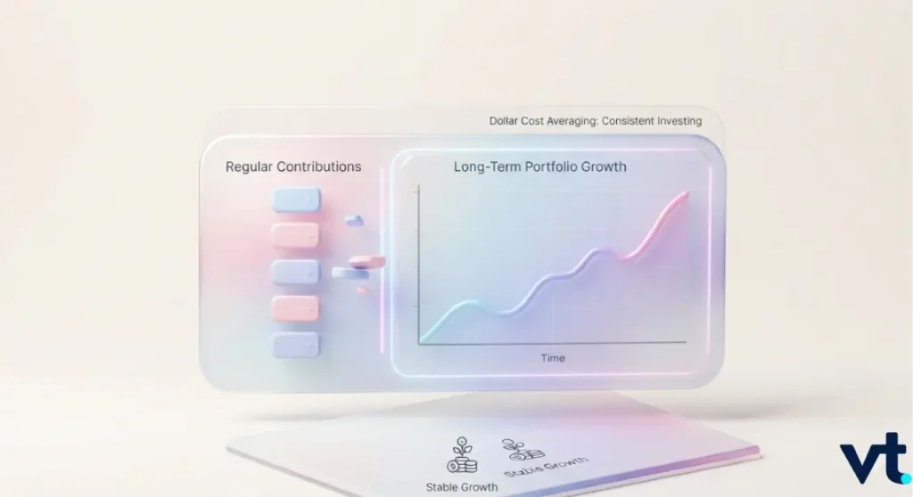 VT Markets Pastel dashboard illustrating Regular Contributions vs Long Term Portfolio Growth with a rising time series line chart on the right