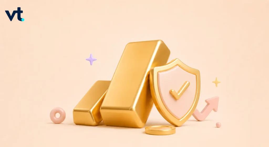 discover 3 VT Markets Gold bars leaning against a shield with a checkmark symbolizing security and value on a peach background vt logo top left