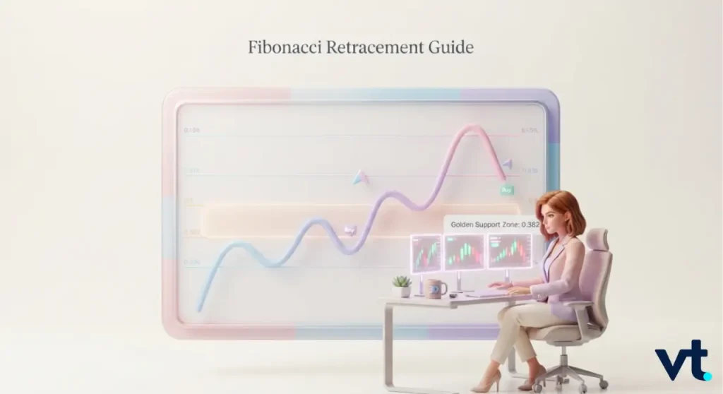 VT Markets Woman at a desk studying stock charts on three monitors a large pastel toned Fibonacci retracement chart fills the background