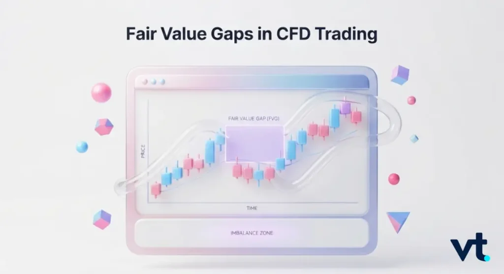 Infographic showing Fair Value Gaps in CFD Trading with a stylized chart labeled FVG and Imbalance Zone vt logo bottom right