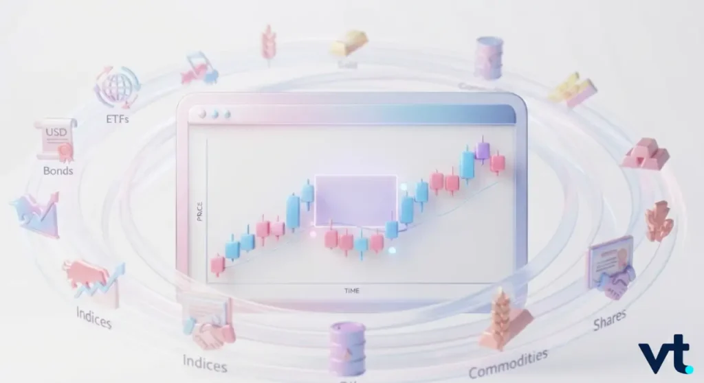 Dashboard with a pink blue candlestick chart on a laptop screen surrounded by floating financial icons ETFs Bonds Indices Shares Commodities
