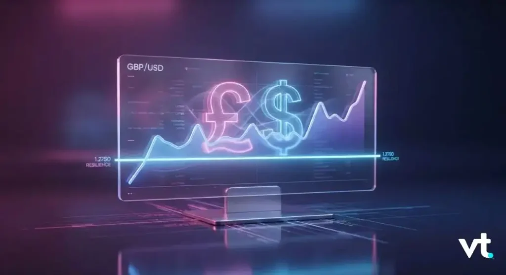 Moniteur holographique affichant un graphique néon du GBP/USD avec des symboles de la livre et du dollar sur fond sombre; logo de VT en bas à droite.
