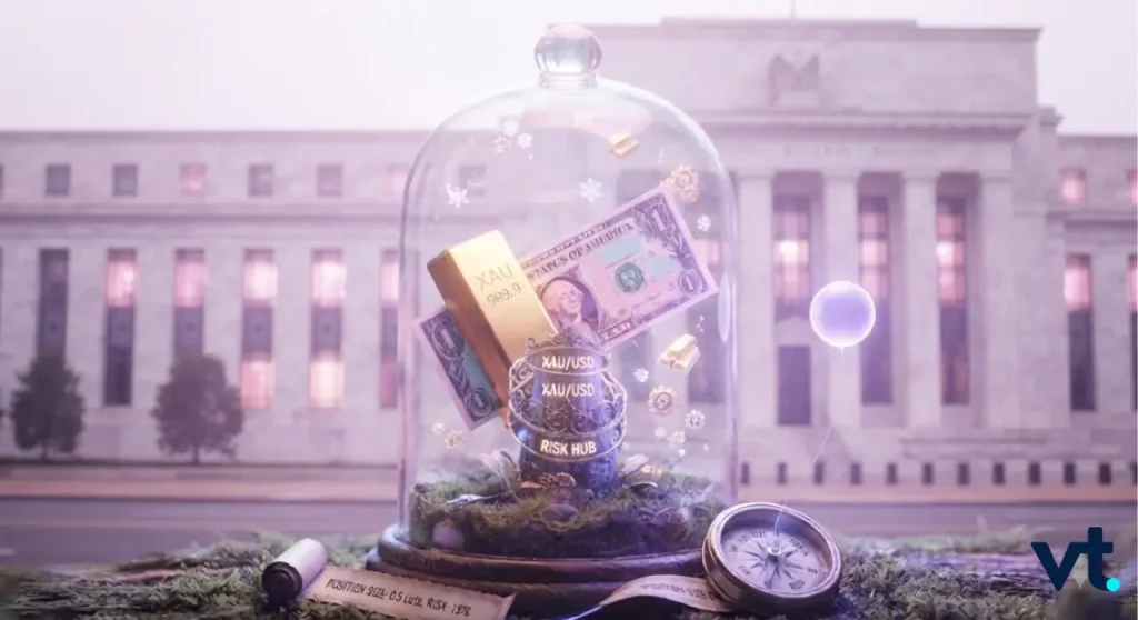 Gold bars and a USD bill inside a glass cloche labeled XAUUSD resting on moss with a compass nearby against a government building backdrop