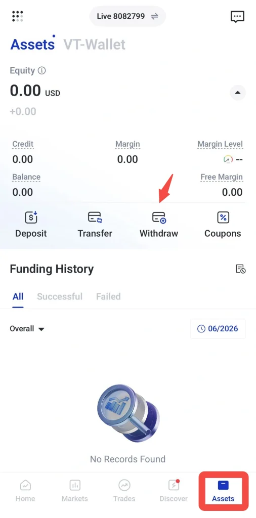 Screenshot of a finance apps Assets screen with Withdraw option highlighted in the bottom navigation bar indicating the withdrawal feature