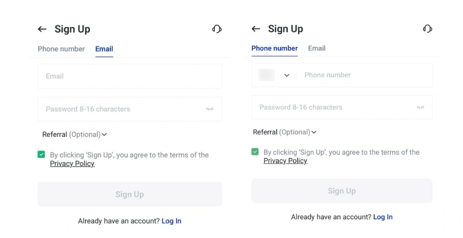 image 1 VT Markets Side by side sign up forms left uses Email with emailpassword fields and referralterms right uses Phone with country code and phone fields same options and a disabled Sign Up button