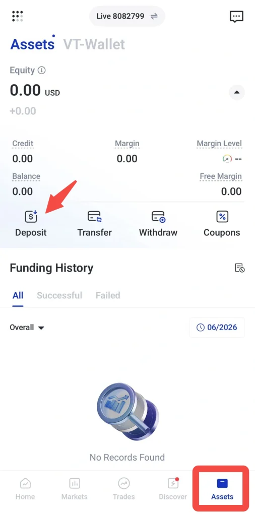 image VT Markets Mobile wallet app Assets tab with Deposit button highlighted at bottom left of the screen