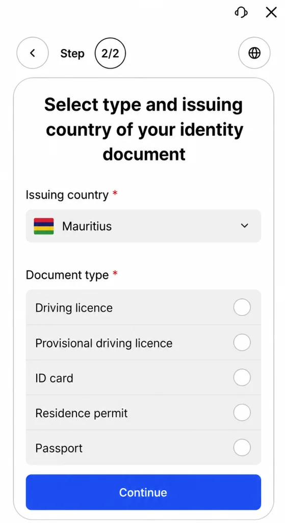image 12 VT Markets Form Select identity document issuing country and type Mauritius selected with list Driving licence Provisional driving licence ID card Residence permit Passport etc