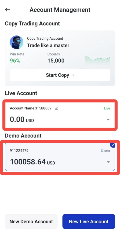 Account management screen showing a Copy Trading Account card with 000 USD balance and a Start Copy button plus Live and Demo accounts below
