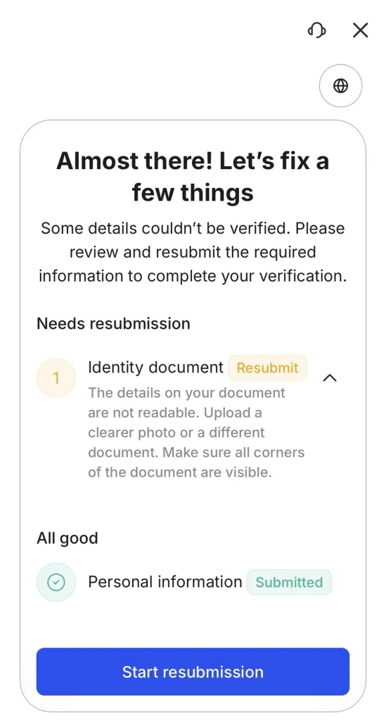 image 15 VT Markets Mobile screen with a verification resubmission prompt Needs resubmission for identity document and a Start resubmission button