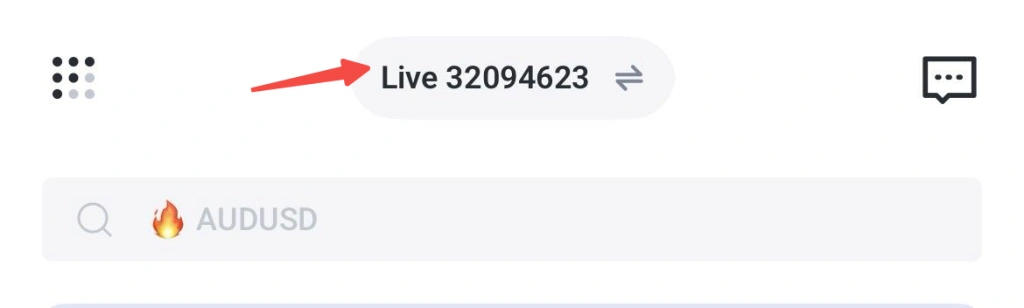Trading app header with a rounded Live 32094623 badge left grid icon right chat icon and a search field showing 🔥 AUDUSD