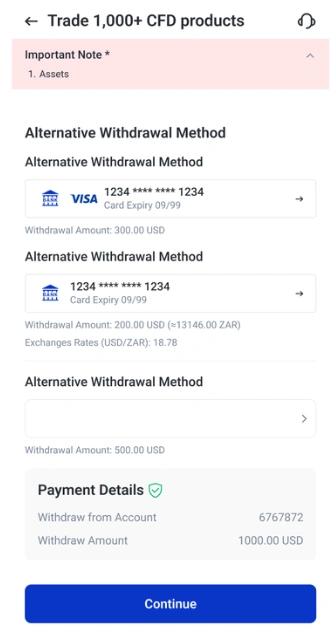 Withdrawal methods screen showing Visa card options with masked numbers and three withdrawal amount choices a Payment Details panel and a blue Continue button