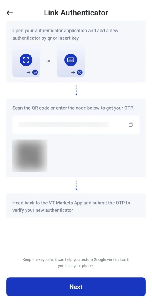image 23 VT Markets On screen guide titled Link Authenticator showing steps to add a new authenticator via QR or key then enter OTP on a separate panel ending with a Next button at the bottom