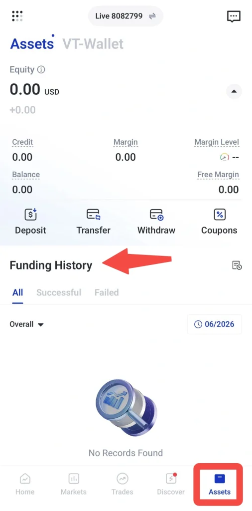 Assets screen with 000 USD balance and action buttons Deposit Transfer Withdraw Coupons Funding History reads No Records Found