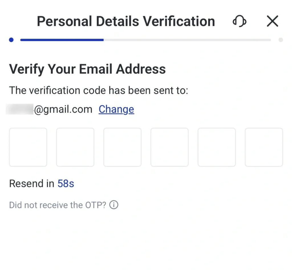 image 3 VT Markets Screen shows Personal Details Verification Verify Your Email Address with message that a verification code was sent to the users email followed by six empty input boxes for the code Below are Resend in 58s and Did not receive the OTP with an info icon