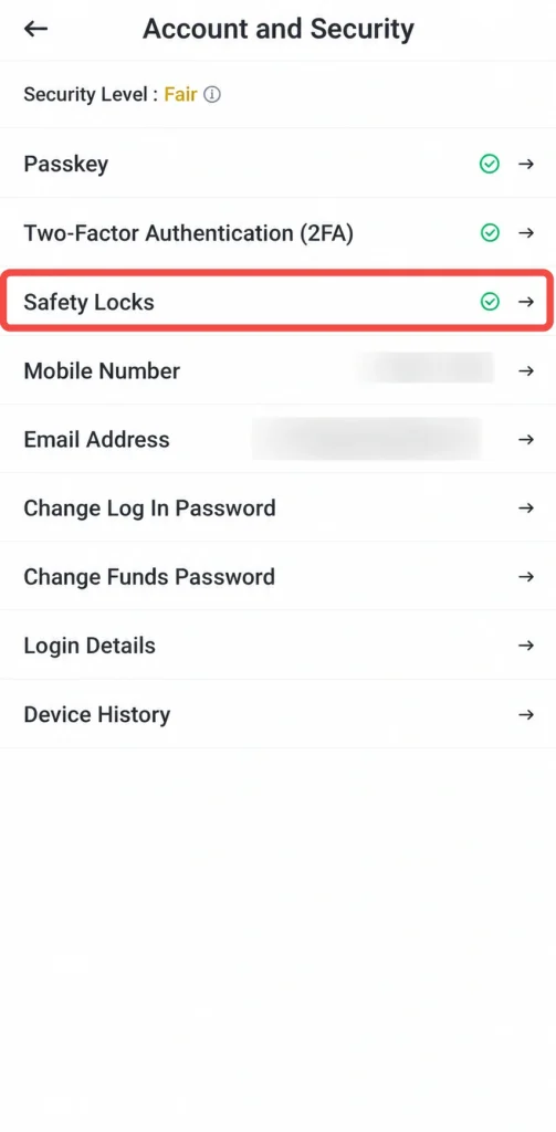 image 32 VT Markets Account and Security settings with Safety Locks highlighted options include Passkey 2FA mobile number email and passwords