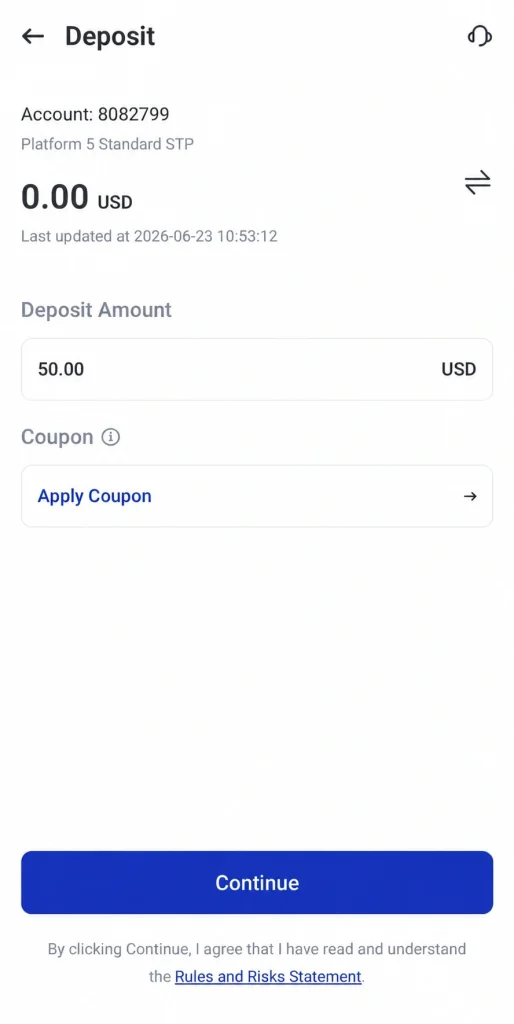 image 4 VT Markets Deposit screen showing account 8082799 with balance 000 USD and deposit amount 5000 USD option to apply a coupon and a Continue button at the bottom