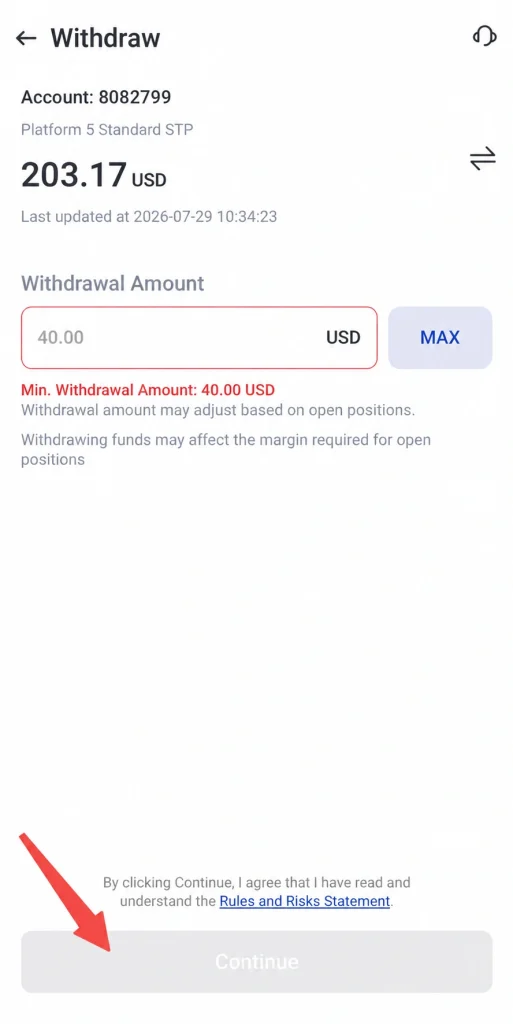 Withdrawal screen for account 8082799 balance 20317 USD enter amount with 40 USD minimum Continue button at bottom disabled