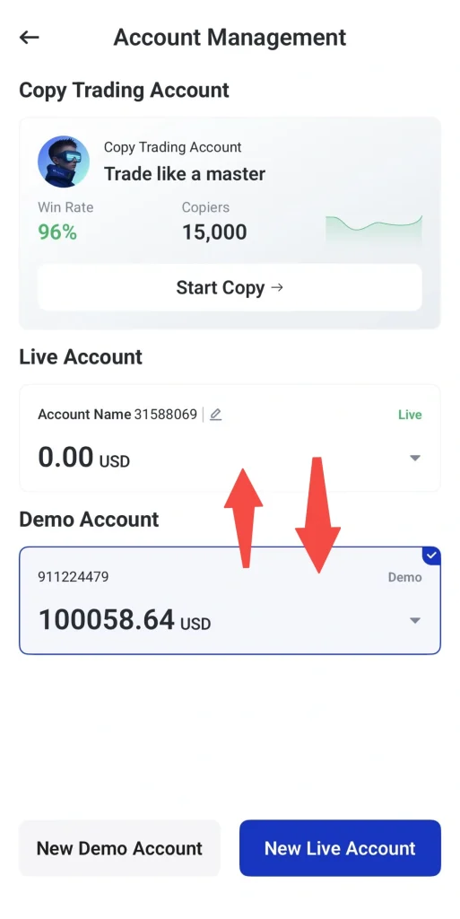 Copy Trading Account card with Trade like a master showing 96 win rate 15000 copiers and a Start Copy button Live and Demo accounts listed below