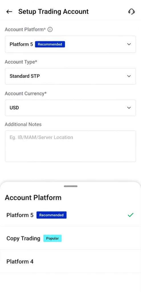 image 5 VT Markets Mobile form to set up a trading account Platform 5 Recommended Standard STP USD notes field bottom sheet shows section previews