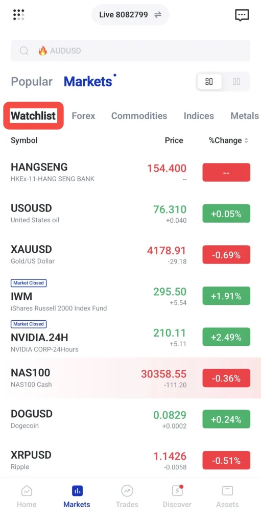 Mobile market app screen showing a highlighted Watchlist tab with stock symbols and prices HANGSENG USOUSD XAUUSD and percentage changes