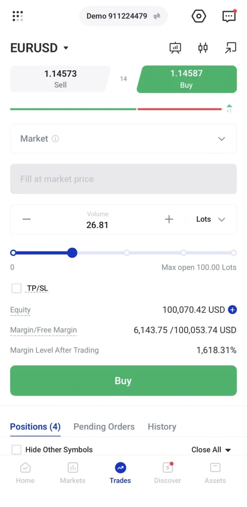 Trading screen showing EURUSD pair with Buy and Sell options and price 114587 Buy green