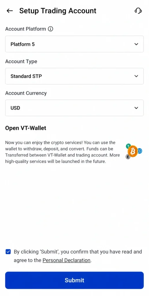 image 8 VT Markets Mobile form to set up a trading account platform type currency selectors VT Wallet info consent checkbox and Submit button