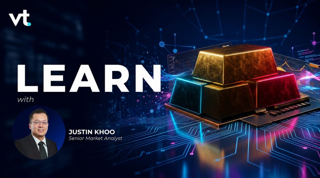imgv30213e386ae0f52ca8405ab9bd608d4e50b3hu VT Markets Promotional hero banner for LEARN with Justin Khoo showing Justin Khoos portrait vt logo and colorful gold bars on a circuit background