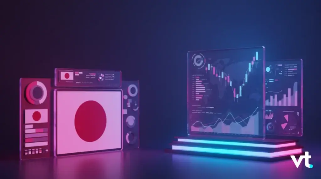 Futuristic data lab with colorful monitors showing charts and a world map, glowing platform beneath, VT logo in corner, Japan flag panel on left.”,