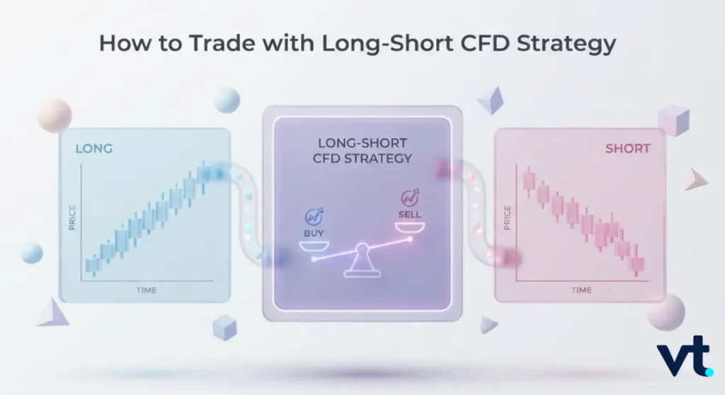 VT Markets Graphic explaining How to Trade with Long Short CFD Strategy with three panels left shows a rising price vs time labeled LONG center shows LONG SHORT CFD STRATEGY with buy and sell cues right shows falling price vs time labeled SHORT VT logo bottom right
