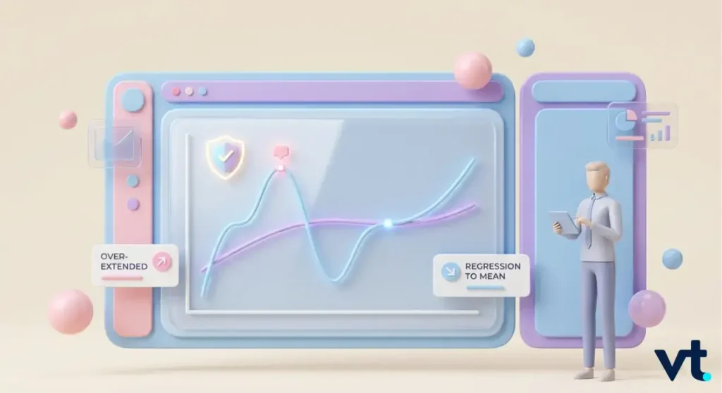 3D pastel dashboard with wavy blue and purple trend lines and callouts reading Over extended and Regression to mean vt logo in corner