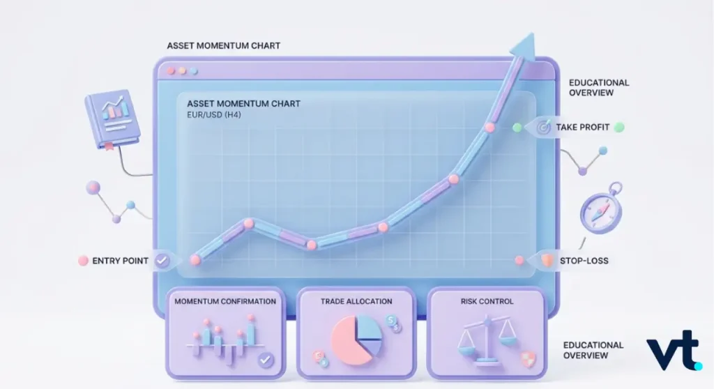 Infographic of an asset momentum chart showing entry point stop loss take profit and educational overview