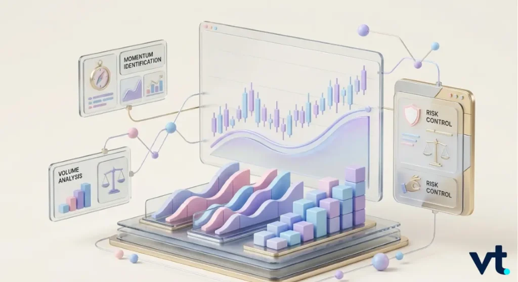 Isometric illustration of a financial analytics dashboard showing charts bars and risk control panels connected by lines to a central screen in pastel tones