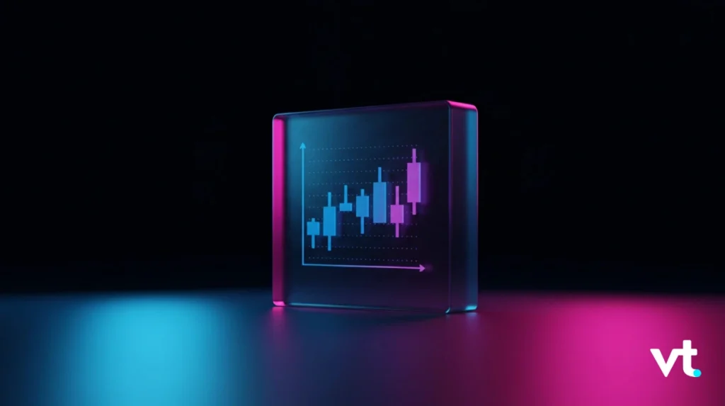 VT Markets Neon lit glass cube displaying a candlestick stock chart against a dark background VT logo in the lower right corner