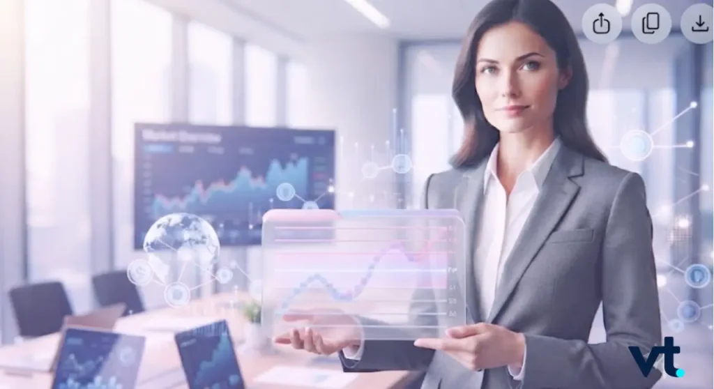 VT Markets Businesswoman in a gray suit presenting a translucent tablet with graphs in a modern office