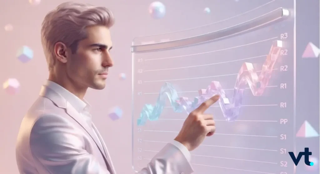 VT Markets Businessman in a light suit points at a holographic multi colored stock chart on a transparent screen