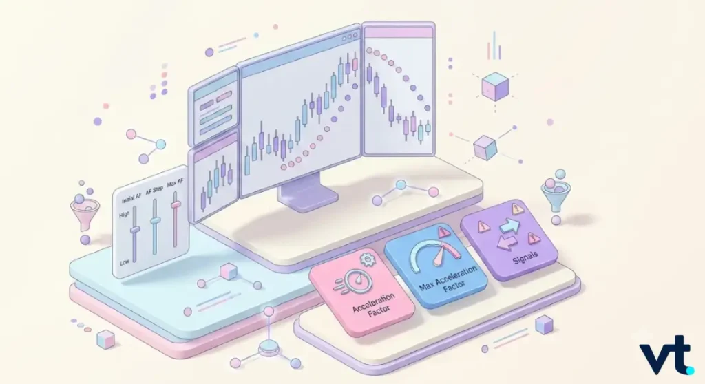 VT Markets Pastel isometric illustration of a trading desk with three monitor screens showing candlestick charts and a control panel for Acceleration Factor Max Acceleration Factor and Signals on the platform edge
