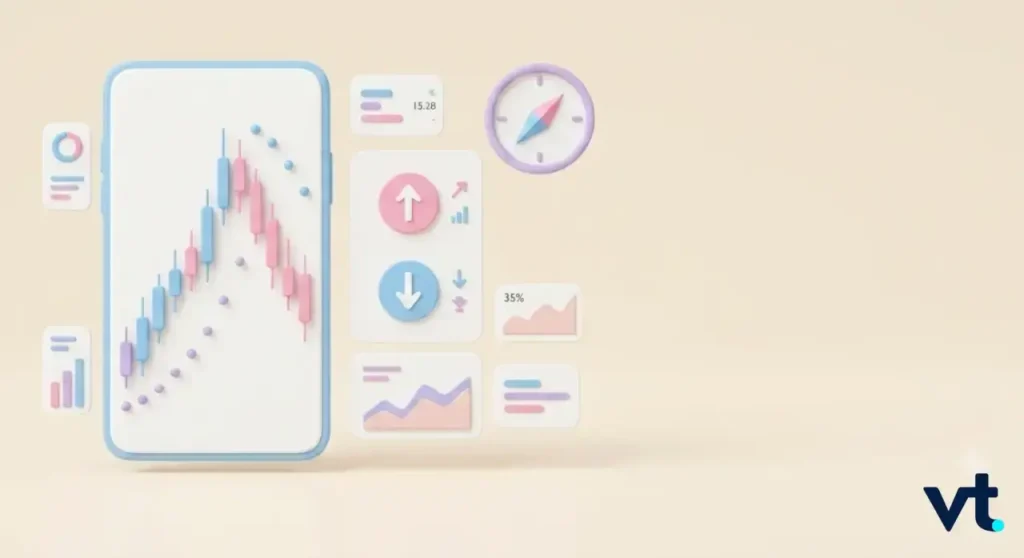 VT Markets Pastel 3D illustration of a smartphone showing a candlestick chart with floating data cards a compass and a clock on a beige background VT logo bottom right