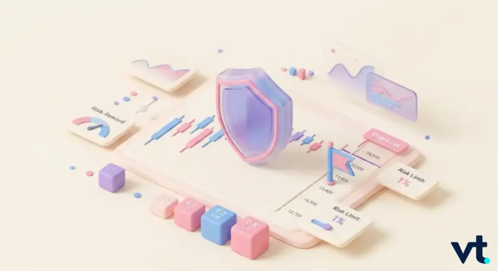 VT Markets Abstract pastel scene showing a shield over a riskfinance dashboard symbolizing data protection and risk management