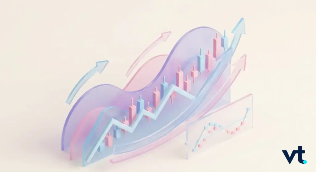 Abstract 3D graph with pastel bars and upward arrows suggesting growth VT logo bottom right