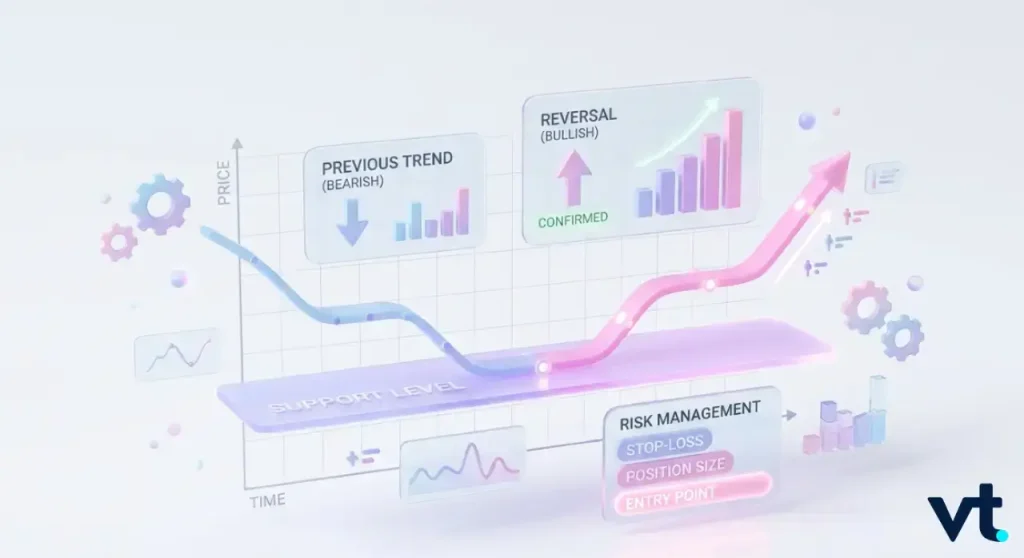 VT Markets Infographic of a price chart blue bearish decline transitioning to pink bullish rise with risk management labels