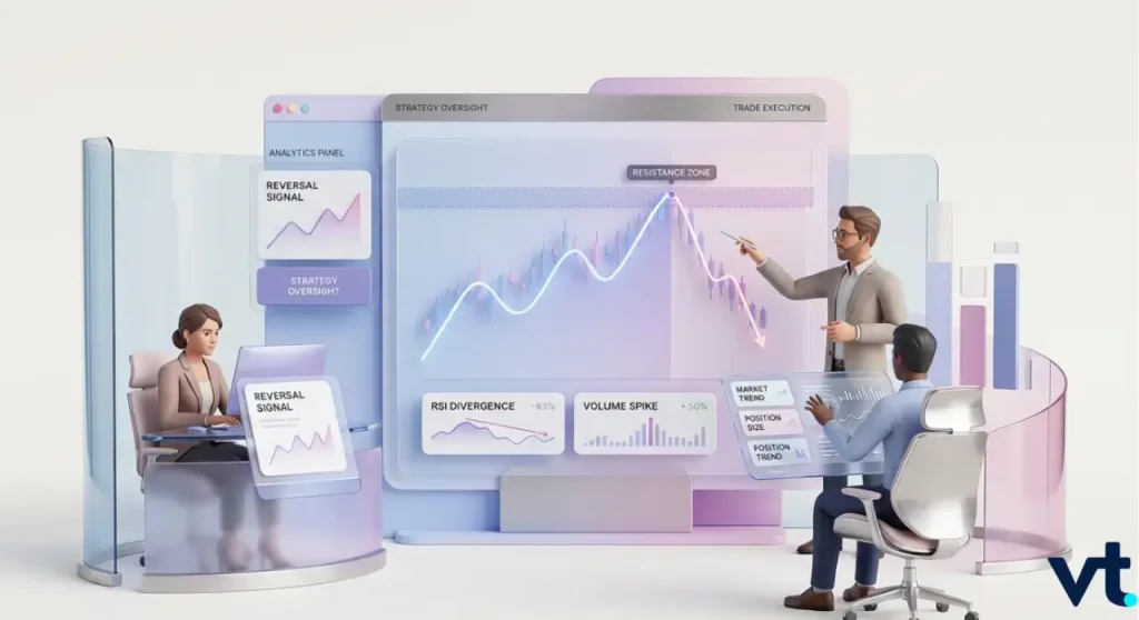 VT Markets Futuristic trading room with two analysts at desks and a large dashboard showing a wavy profit chart RSI and volume panels labeled Market Trend and Resistance Zone