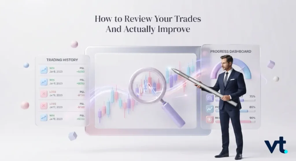 VT Markets Businessman in a suit presenting a trading dashboard with charts a magnifying glass and a Trading History panel