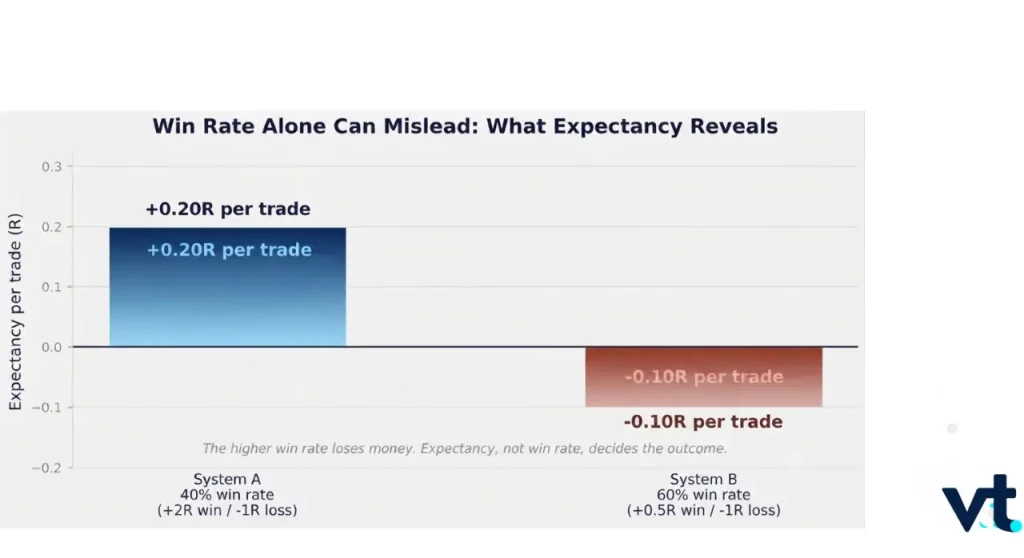 VT Markets Chart comparing two trading systems System A +020R per trade 40 win and System B 010R per trade 60 win