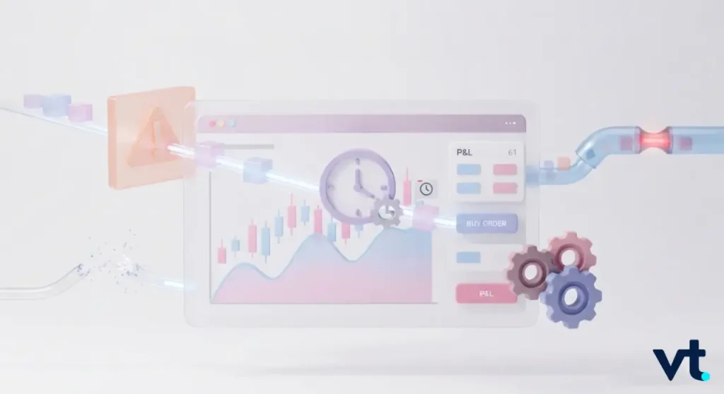 VT Markets Futuristic trading dashboard showing a candlestick chart a clock and rotating gears with pipes connecting components VT logo bottom right