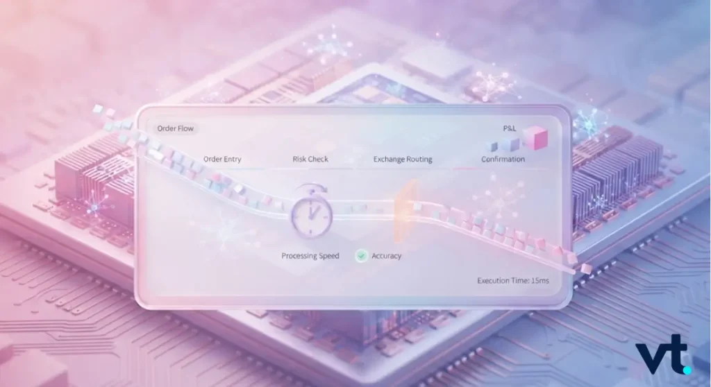 VT Markets Futuristic translucent dashboard over a circuit board showing an order flow with speed and accuracy indicators and a vt logo at the corner
