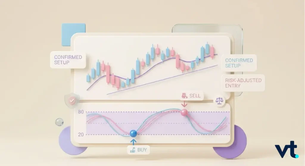 VT Markets Stylized trading dashboard with candlestick chart buysell markers and risk adjusted entry notes
