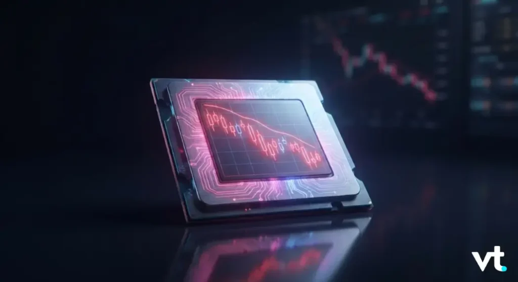 VT Markets Futuristic processor with glowing pink circuitry on a reflective surface with blurred stock market charts in the background