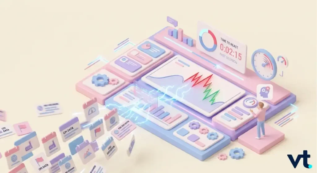 VT Markets Isometric illustration of a user analyzing a data dashboard with charts graphs gauges and floating data panels conveying analytics workflow