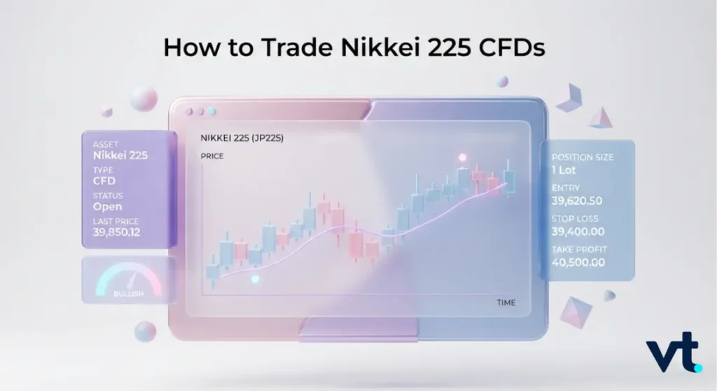 VT Markets How to trade Nikkei 225 CFDs futuristic dashboard showing price chart and position details